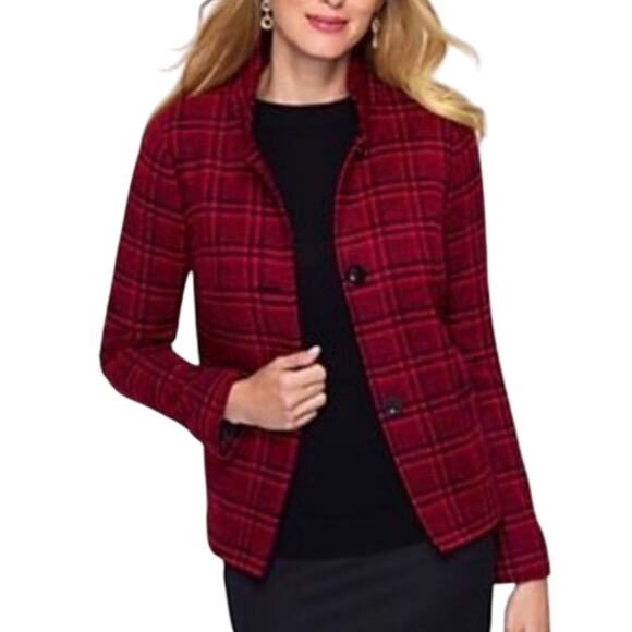 NEW TALBOTS Wool Blend 3 Button Patch Pocket Plaid Blazer in Red & Black SZ 16 - Picture 1 of 12